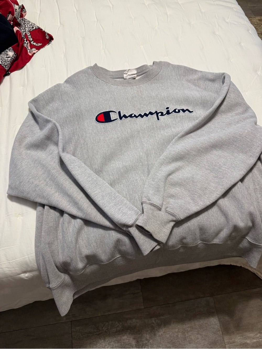 Champion Light Grey Crewneck Sweatshirt with Navy & Red Logo